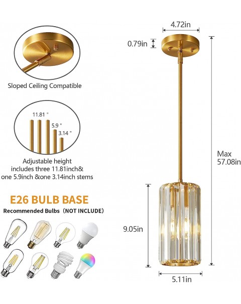 Gold Pendant Lighting Modern Pendant Light Mini Crystal Chandeliers Adjustable Pendant Light Fixture for Kitchen Island Dinning Room Corridor Bedroom (Gold 3-Pack)