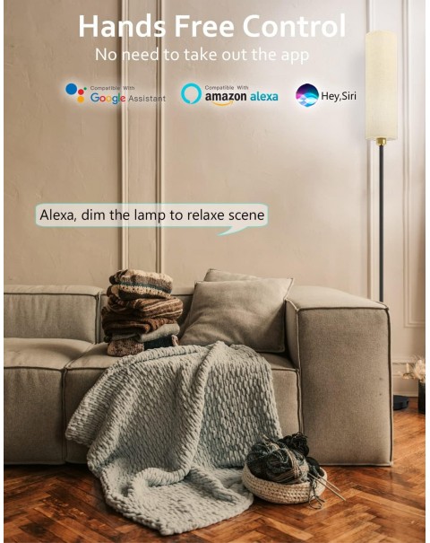 Smart Floor Lamp Works with Alexa & Google Home, Color Changing Stepless Dimmable for Living Room, Modern Standing WiFi Lamps with Remote, Minimalist Pole Lamp Tall Lights for Bedroom, Office-Black