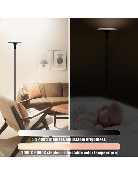 Led Floor Lamp, Bright Sky Torchiere Floor Lamps with Adjustable Gooseneck, Dimmable Floor Reading Lamp with Remote Control, Modern Tall Standing Lamp for Living Room, Bedroom and Office