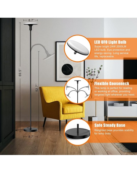 Led Floor Lamp, Bright Sky Torchiere Floor Lamps with Adjustable Gooseneck, Dimmable Floor Reading Lamp with Remote Control, Modern Tall Standing Lamp for Living Room, Bedroom and Office
