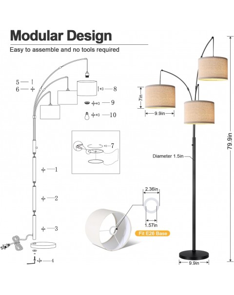Dimmable Floor Lamp - 3 Lights Arc Floor Lamps for Living Room, 1000LM Modern Tall Standing Lamp With Beige Shades & Heavy Base, Mid Century Tree Floor Lamp for Bedroom Office, 3 LED Bulbs Included