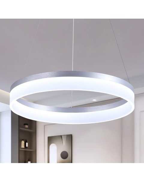 Modern LED Pendant Light 19.7" Dimmable 1-Ring Circular Chandelier Adjustable Hanging Pendant Lighting for Kitchen Island Dining Room Living Room Foyer Entry Restaurant, 6500K, Silver