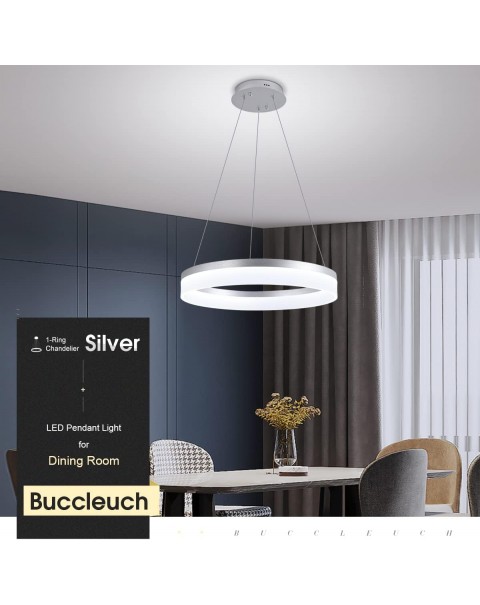 Modern LED Pendant Light 19.7" Dimmable 1-Ring Circular Chandelier Adjustable Hanging Pendant Lighting for Kitchen Island Dining Room Living Room Foyer Entry Restaurant, 6500K, Silver