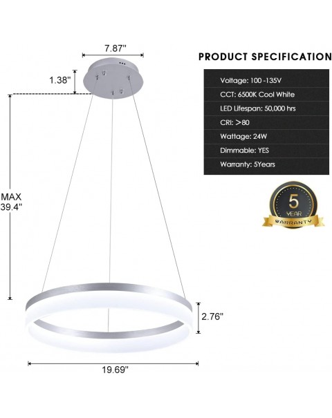 Modern LED Pendant Light 19.7" Dimmable 1-Ring Circular Chandelier Adjustable Hanging Pendant Lighting for Kitchen Island Dining Room Living Room Foyer Entry Restaurant, 6500K, Silver