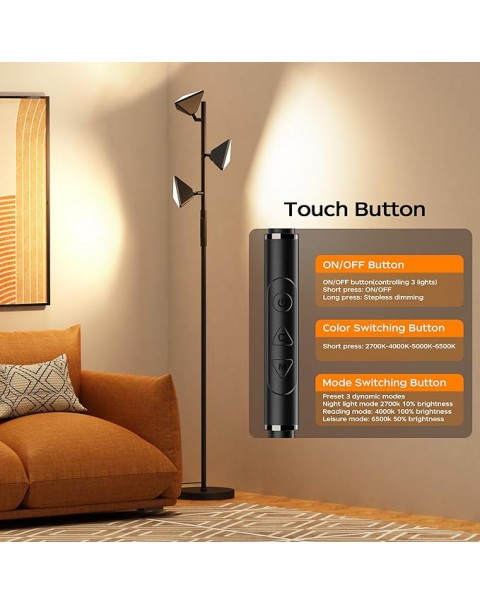 LED Tree Floor Lamp, 36W Dimmable Tall Standing Lamp with Remote & Touch Control, 2700K-6500K 4 Color Temperatures, 3 Rotatable LED Lights Floor Lamps for Living Room, Bedroom, Office